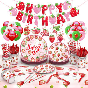 Ensemble de fournitures de fête d'anniversaire à thème fraise rose, service personnalisé pour assiettes, gobelets et <span class=keywords><strong>vaisselle</strong></span> jetables - Product Image 6