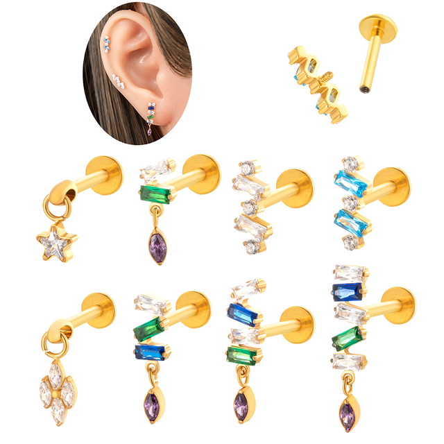 Getta ASTM F136 Titanium Helix Piercing Jewelry 16G Zircon Platinum Gold Plated Internally Threaded Flat Back Dangle Wedding