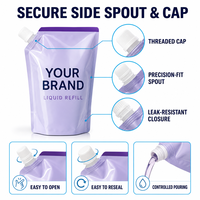 Pochettes de recharge personnalisées pour adoucissant textile, détergent et liquide lessive, avec bec verseur, format stand-up, vente en gros