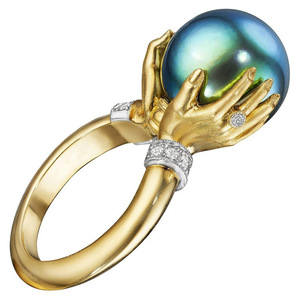 Anello Stile Perla Nera, Gioiello Elegante da Donna, Regolabile, Bicolore in Lega di Rame, Anello Minimalista - Product Image 1