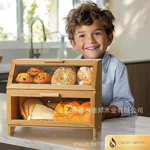 Boîte à pain en bambou Mudebang avec couvercle roulant, design moderne et simple, rangement alimentaire pour comptoir de cuisine, conteneur de cuisson portable en bois - Product Image 4