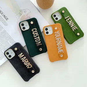 Custom Name Letter Charm Velvet Phone Case With Leather Strap For iPhone 11 12 13 14 Pro Max Mini XS XR SE 7 8 Plus