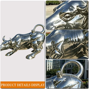 Sculpture de taureau de Wall Street en acier inoxydable poli miroir grandeur nature pour décoration extérieure de place publique - Product Image 3