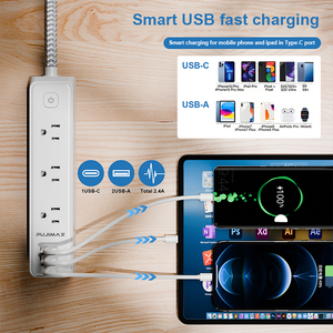 PUJIMAX Nouveaux modèles Câble d'extension tressé 1.5M US 6 sorties AC Fourchu USB Type C Socket Smart Home US Power Socket avec interrupteur - Product Image 5