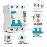 Disjoncteur différentiel TENGEN TGB1NLE-40 D32A D40A 3P 4P 30mA 380V 400V 6kA Courbes B/C/D Certifié CE CB UL
