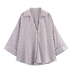 Nueva Camisa de Manga Ancha a Rayas con Cuello, Estilo Europeo y Americano, Moderna, Casual y Versátil para Mujer - Product Image 4