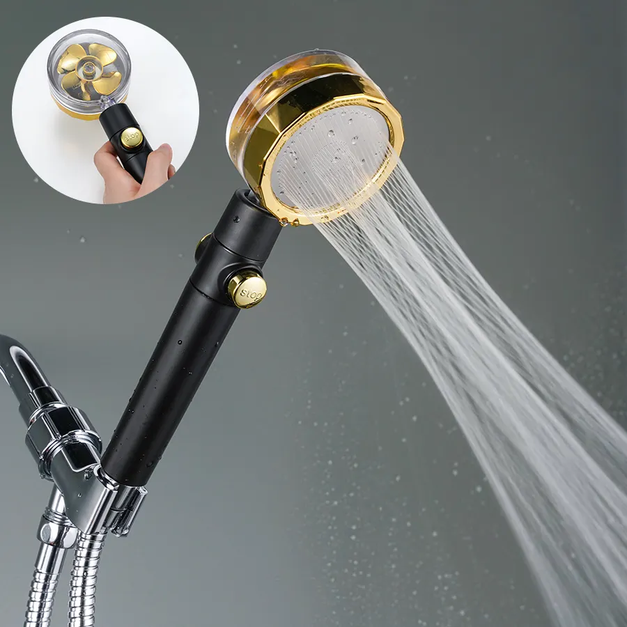 BSL-S1009 Round Plastic 360 Rotated Propeller High Pressure Water Saving Fan Hand Rainfall Black and Gold Shower