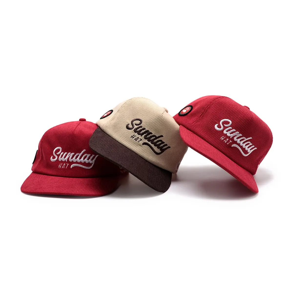 5 패널 사용자 정의 코듀로이 Snapback 모자 모자 자신의 자수 로고 사전 곡선 테두리 구조화되지 않은 디자인