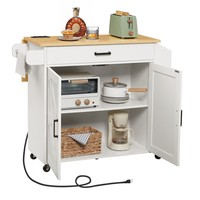 Îlot de cuisine avec comptoir à feuilles tombantes et prise de courant, chariot d'îlot roulant sur roues, table d'îlot mobile avec porte-épices