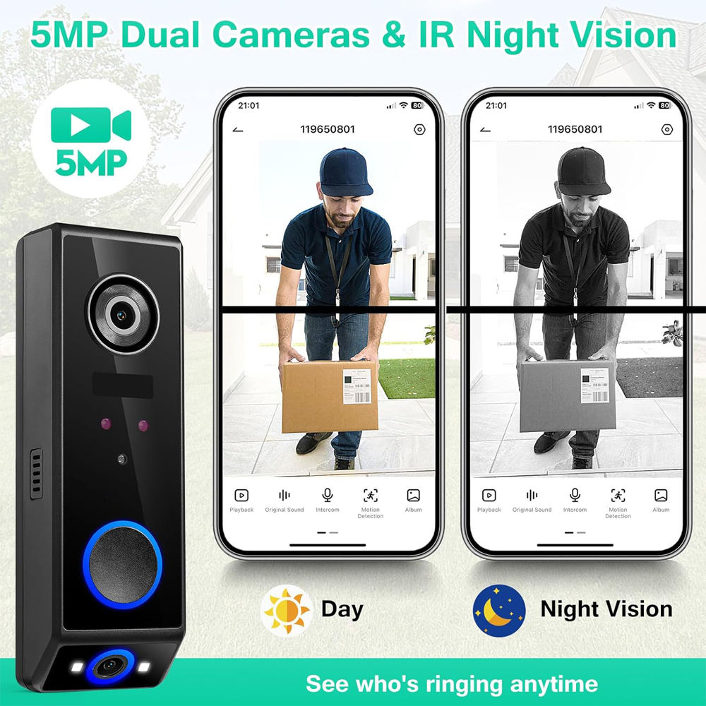 CloudEdge 5MP Dual Lens Digital Video Doorbell Camera Two Way Audio IR  Night Vision Cam IP66 Waterproof for Doorway Security