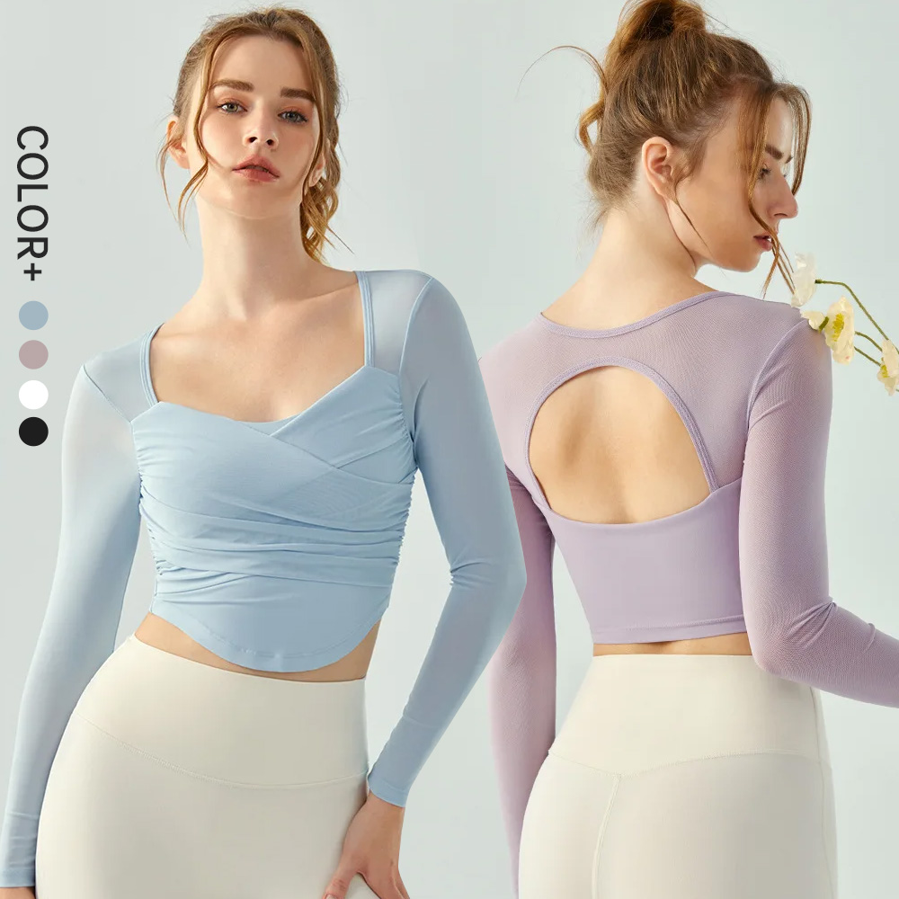 SHINBENE Cross Fold Yoga Long Sleeve Top Women's Slim Fit Hollow Mesh Sports Gym Shirts Padded Fitness Top