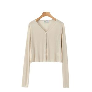 Cárdigan de Punto Fino para Mujer Runqi N8557, Color Sólido, Manga Corta con Botones, Talla Grande, Protección Solar, Beige, Negro - Product Image 5