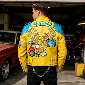 Chaqueta <span class=keywords><strong>de</strong></span> Motociclista <span class=keywords><strong>de</strong></span> <span class=keywords><strong>Cuero</strong></span> Clásica <span class=keywords><strong>de</strong></span> Moda Vintage <span class=keywords><strong>de</strong></span> Color Amarillo con Diseño Personalizado, Parche con Logotipo OEM, Chaqueta Bomber <span class=keywords><strong>de</strong></span> <span class=keywords><strong>Cuero</strong></span> <span class=keywords><strong>para</strong></span> Hombre - Product Image 3
