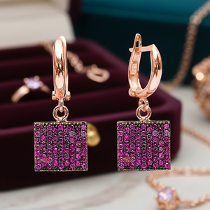 Pendientes colgantes de piedras de rubí con forma cuadrada, Plata de Ley 925 turca, joyería para mujer - Product Image 3