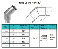 Connecteur de tube rond à 135 degrés en acier inoxydable SS316 de haute qualité, finition miroir, pour balustrade en verre