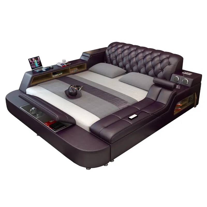 Multifunctioneel Echt Leer Smart Bed Kamer Meubels Bekleding Kingsize Bed