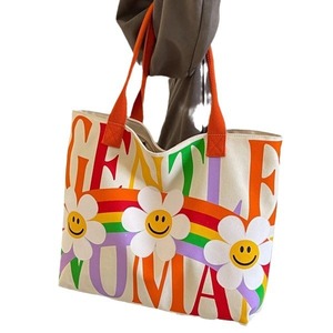 GENTLE WOMAN Fashion Rainbow Print Canvas Tote Bag Off White Green Orange Purple Letter Pocket Shoulder Bag Everyday Use - Product Image 5