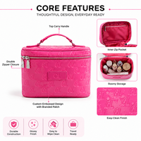 Pochette cosmétique rose brillante personnalisée avec logo en relief, double fermeture éclair, étui à maquillage portable, organiseur de beauté de voyage