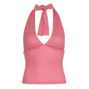 Top con cuello halter a cuadros para mujer, corte ajustado, sin mangas, espalda descubierta, informal, para verano, moda, fiesta - Product Image 6
