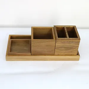 4 Piece Wooden Desktop Organizer Set | Wood Bathroom Amenities Counter Organizer Tray | Desk Accessory Storage Box Pencil Holder