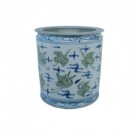 Pot Bunga Porselen Biru Hijau Putih Gaya Art Deco, Lukisan Tangan Motif Bangau dan Awan, Chinoiserie, Dekorasi Rumah dan Taman, Selamat