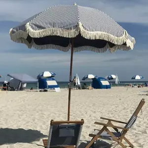 Payung Pantai Kayu Kualitas Tinggi dengan Pinggiran Cetakan Kustom Macrame Payung Jumbai Payung