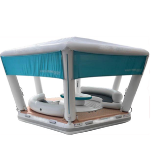 Venta al por mayor inflable piscina <span class=keywords><strong>bar</strong></span> flotador bajo precio isla flotante con Sun Shelter Lounge agua diversión instalación plataforma - Product Image 1