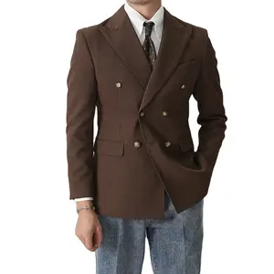 New Arrival Italian Retro Bump Collar Coffee Coloured Suit Jacket Men British Style Double-breasted Wedding Business Suit
