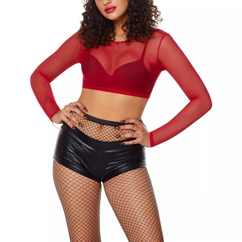 Custom logo wholesale hot fashion party wear mature women sheer clothing sexy see through crewneck long sleeve red mesh crop Top