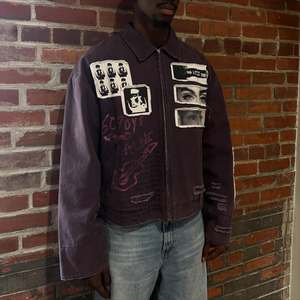 Custom Purple Distressed Denim Cotton Grunge <b>Punk</b> Streetwear Acid Wash Distressed Patchwork Men's <b>Jackets</b> - Product Image 3