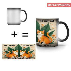 Frosted Black 11oz Ceramic <b>Mug</b> Color <b>Changing</b> <b>Heat</b> Sensitive Cup Cat Design 2D Flat Painting - Product Image 4