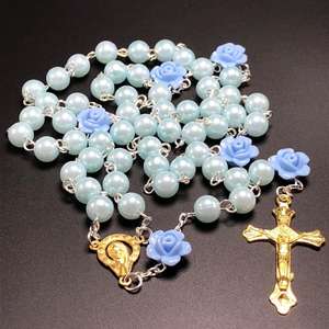 6mm bleu verre perle chapelet perle Rose fleur connecteurs doré vierge marie centre et jésus croix - Product Image 4
