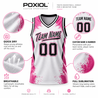 Maillot de basketball personnalisé blanc et rose à effet éclaboussures, col en V, sublimation intégrale, séchage rapide, respirant, personnalisable pour clubs jeunes unisexes