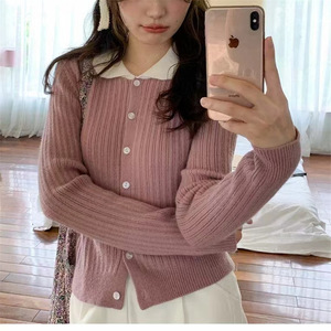 2024 한국 스타일 여성과 소녀 프레피 카디건 슬림 니트웨어 인형 칼라 옷깃 긴 소매 캐주얼 니트 코트 스웨터 탑 - Product Image 3