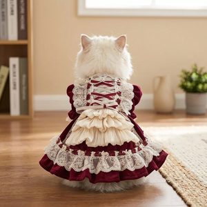 Burgundy Velvet Lolita Pet <b>Dress</b>, Victorian Corset Princess Gown, Gold Embroidery Scalloped Lace Hem for Small <b>Dogs</b> Cats - Product Image 1