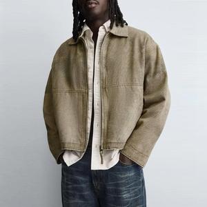 OEM Cotton Polyester Vintage <b>Denim</b> <b>Jacket</b> Washed Distressed Stand Collar Zip Up Casual Flight Style Autumn Bulk <b>Men</b> <b>Denim</b> <b>Jacket</b> - Product Image 1