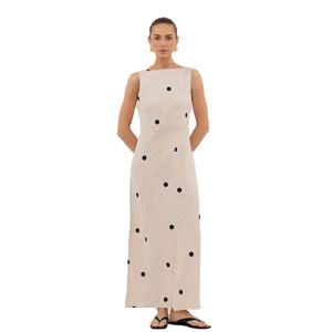 Robe midi en lin vintage minimaliste pour femme, style français décontracté, col rond, taille naturelle cintrée, dos nu, imprimé décontracté pour les vacances - Product Image 1