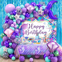 Décorations de fête d'anniversaire sirène : Arche de ballons, toile de fond, nappe, rideau à franges, ballons en forme de queue, coquillages et étoiles en aluminium