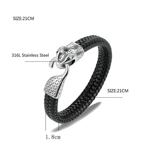 Brazaletes de joyería de cuero trenzado de moda personalizada Brazaletes de acero inoxidable <span class=keywords><strong>Python</strong></span> Snake Charm <span class=keywords><strong>Cuff</strong></span> Bracelet Mens - Product Image 6