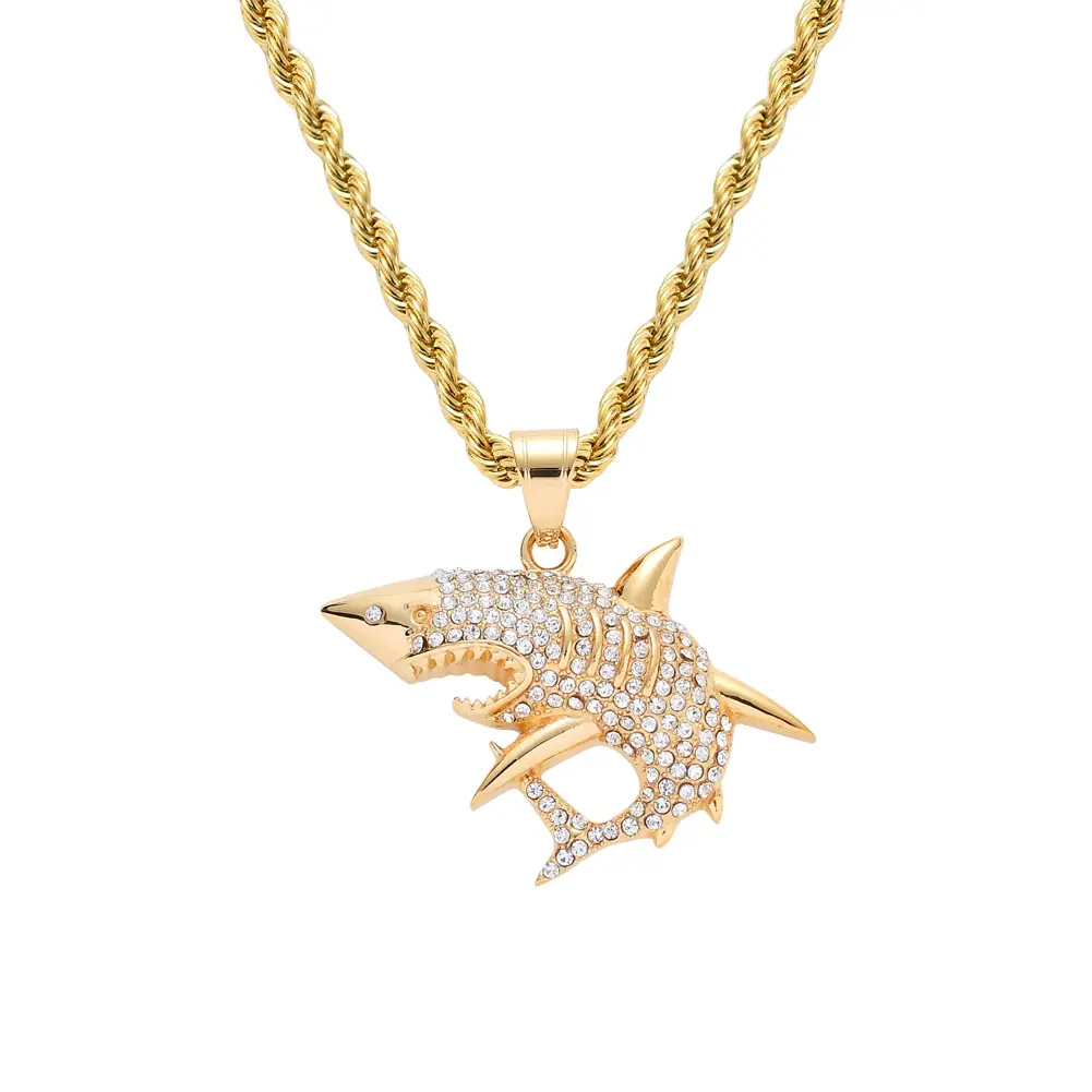 Hip Hop Bling Iced Out Gold Color Stainless Steel Animal Shark Pendant Necklace Rapper Jewelry free 3mm 60cm gold chain