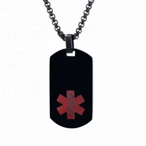 Pre-Engraved Medical Identification Alert ID for Diabetic Dog Tag Black Silver Pendant Necklace for Men for Teen