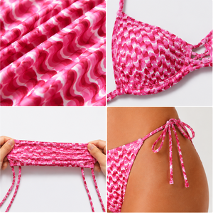 Ensemble bikini deux pièces personnalisé rose à imprimé vague, maillot de bain deux pièces avec haut dos nu et bas string en élasthanne extensible et polyester - Product Image 3