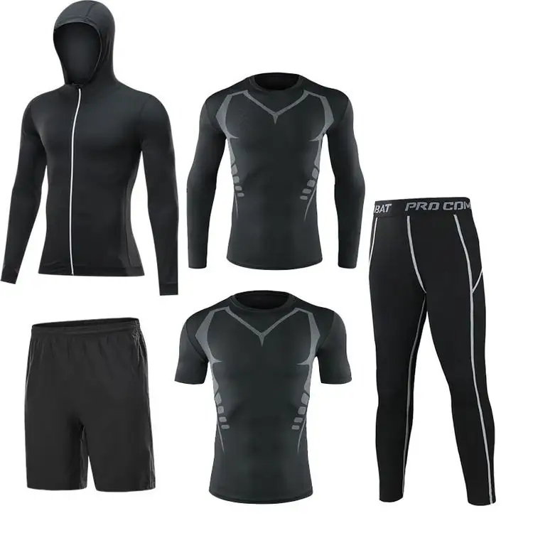Workout Clothes Long Sleeved Men Gym Sports Fitness Shirts Quick-drying Running Clothes 5 Piece Suit