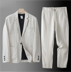 Set 2 Pezzi Casual da <span class=keywords><strong>Uomo</strong></span> in Cotone e Lino, Giacca e Pantaloni con <span class=keywords><strong>Bottoni</strong></span>, Produzione OEM/ODM 2026 - Product Image 1