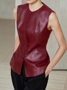 OEM ODM Custom <strong>Women</strong> Burgundy Round Neck Peplum Waist Fitted Leather Sleeveless Vest Slim Fit Seam Sheepskin Leather <strong>Gilet</strong> Top - Product Image 1