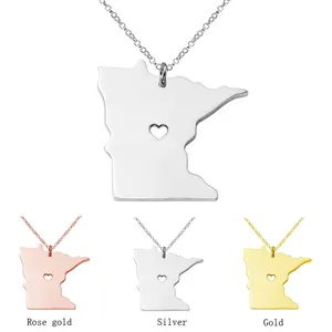 Kalung bandul baja tahan karat negara Minnesota kalung peta Amerika Serikat & liontin dengan hati