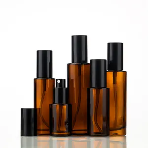 HOT Amber Glass Pump flaschen Flache Schulter Nachfüllbare Sprüh flasche für Serum ätherisches Öl Parfüm Lotion 30ml 50ml 80ml 100ml