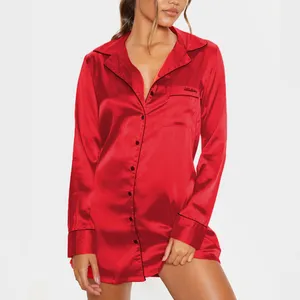 Donne Pigiama Robe Ricamo Tasca Sleepgown Rosso di Raso Camicia Da Notte