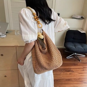 Sac fourre-tout en coton au crochet, grande capacité, sac à bandoulière ajouré tissé, sac de plage bohème pour femme - Product Image 5