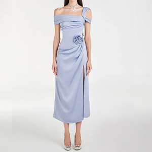 ZYHT 73507 elegante <span class=keywords><strong>abito</strong></span> Midi a <span class=keywords><strong>pois</strong></span> asimmetrico Beige con disegno drappeggiato floreale Det e spacco per eventi formali - Product Image 4